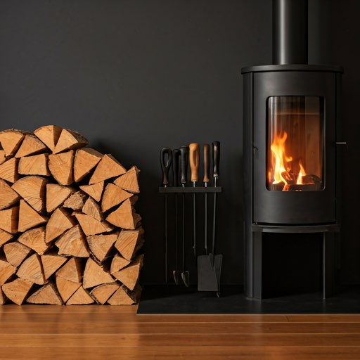 Şömine seti yanında düzgünce istiflenmiş odunlar